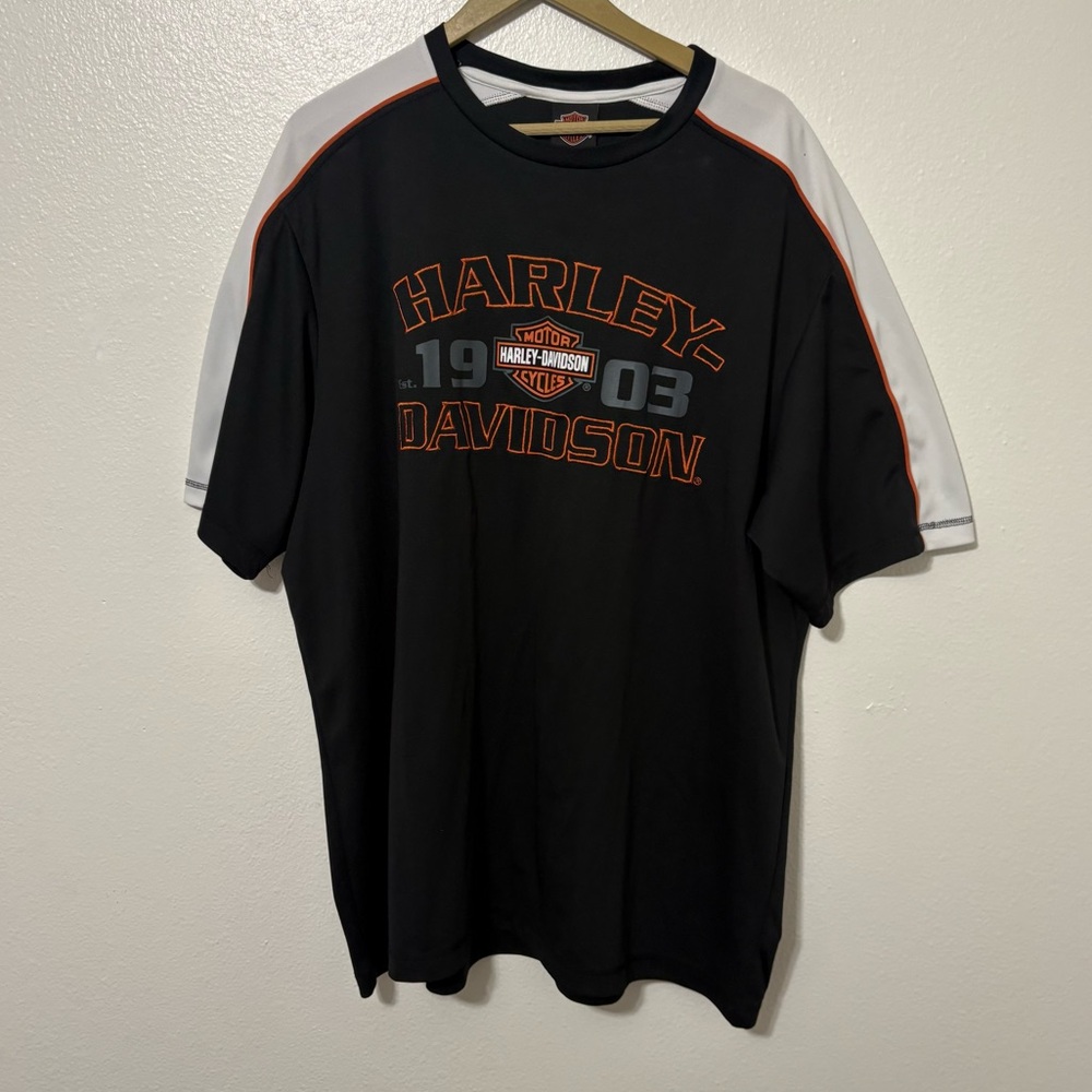 Harley Davidson Size 3XL Black Orange Embroidered Jersey Tee Shirt Biker Travel